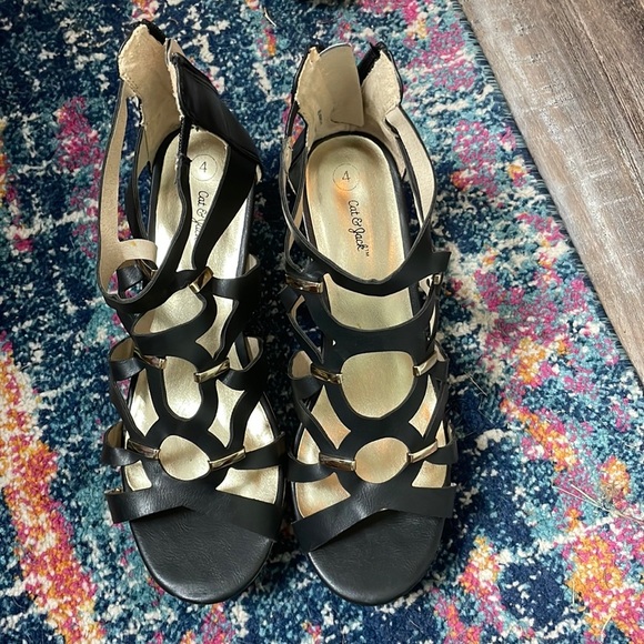 Black Cage Wedge Sandals - Picture 1 of 7